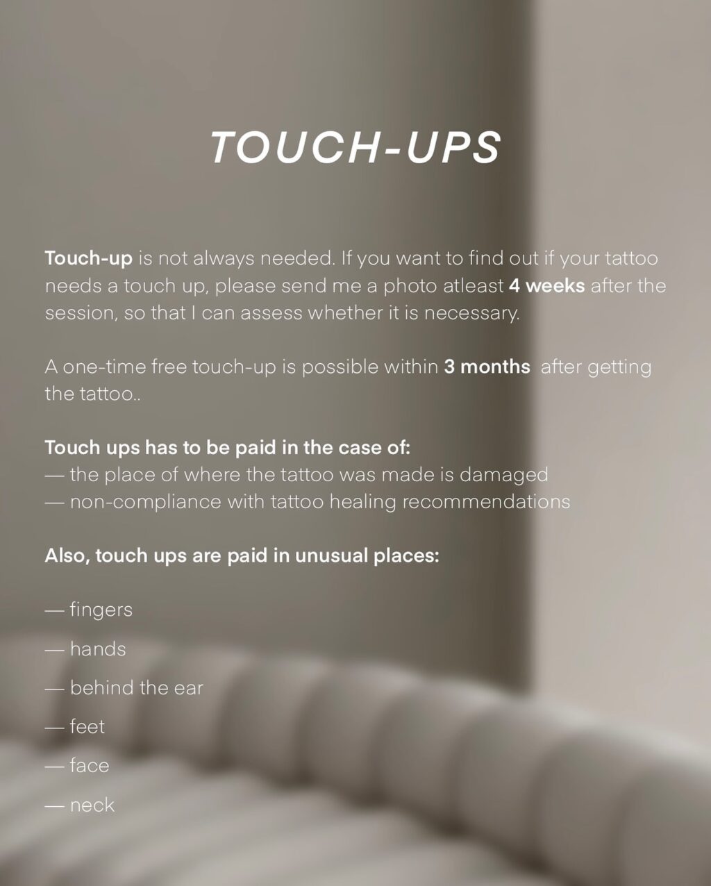 𝘉𝘖𝘖𝘒𝘐𝘕𝘎 𝘐𝘕𝘍𝘖 ^
 
Hello everyone! 

On this post you can read more info about how you can book an appointment with me. And also more about terms, preperation and touch-ups.

If there is any question, please let me know. You can send me a message in my DM if you need help with something. 🤍

Thank you everyone! 

@julianvlaar